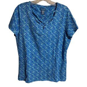 Caribbean Joe Womens Top Size M Blue Geometric Print Short Sleeve Shirt AOP